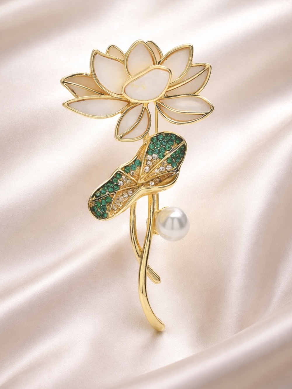Gold Lotus Brooch with White Petals, Green Accents and Pearl